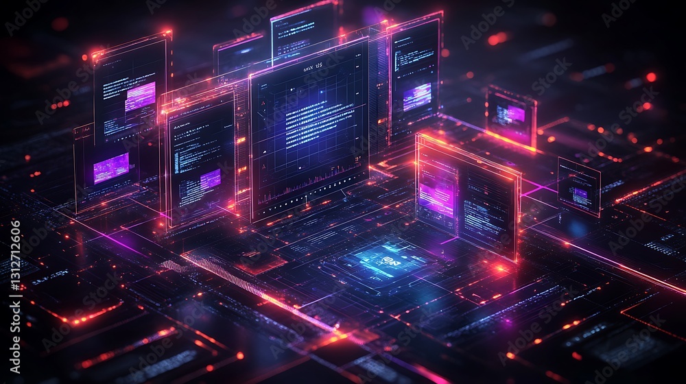 Futuristic Digital Interface Displaying Data Code Within A Complex System Futuristic Digital Interface Displaying Data Code Within A Complex System