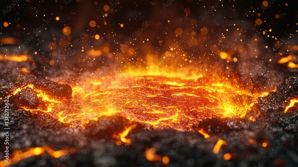Molten lava flows amidst dark volcanic rocks Molten lava flows amidst dark volcanic rocks