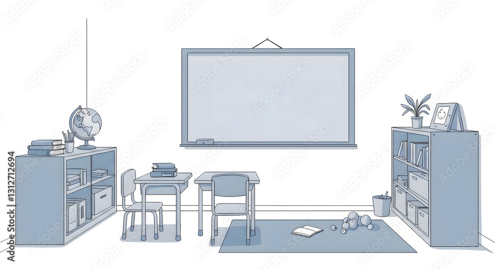 Fototapeta premium Minimalist Classroom Interior with Desks, Bookshelves, and a Whiteboard