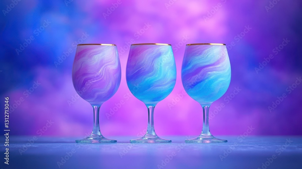 Colorful, swirled glasses are arranged against a vibrant purple and blue background, creating a whimsical and artistic atmosphere. Colorful, swirled glasses are arranged against a vibrant purple and blue background, creating a whimsical and artistic atmosphere.