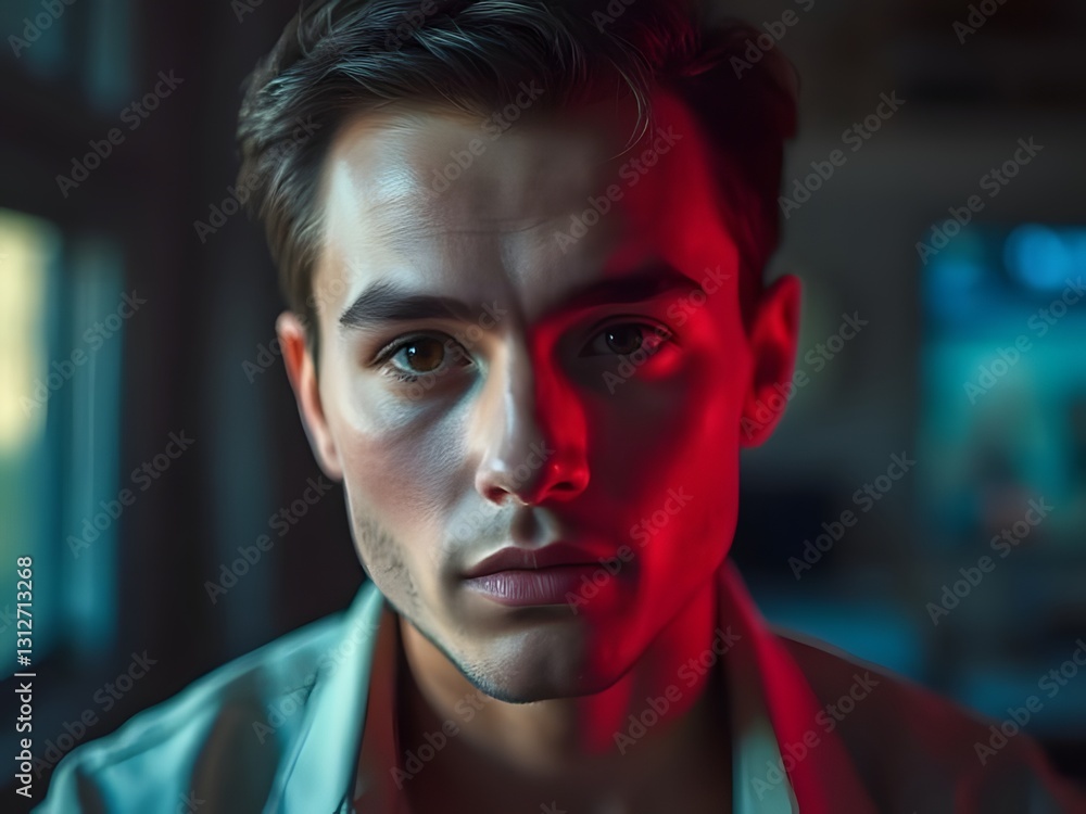 Dramatic Portrait of a Young Man with Intense Gaze, Lit by Red and Blue Light. Dramatic Portrait of a Young Man with Intense Gaze, Lit by Red and Blue Light.