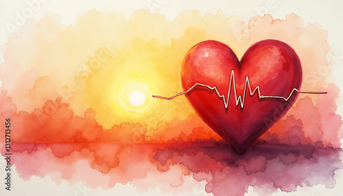 Watercolor heart with ECG line against a sunset background, vibrant health concept for World Health Day
