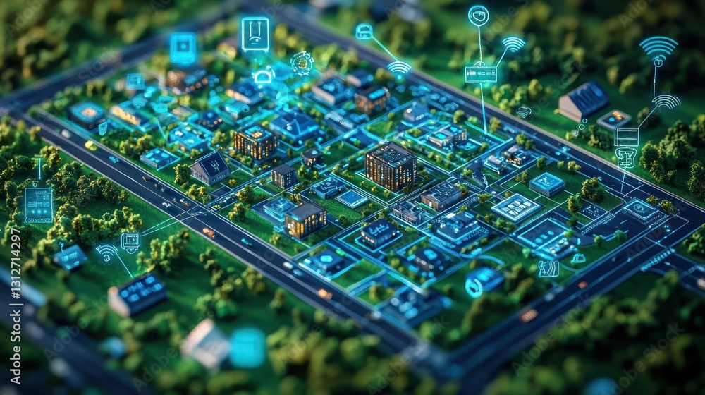 Obraz premium Smart city aerial view, interconnected buildings, technological infrastructure, background greenery. Use Stock photo for technology, urban planning, future, innovation