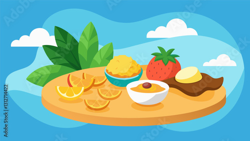 Travel to the tropics with the Island Escape Snack Board offering a taste of paradise with juicy pineapple chunks creamy coconut bites zesty mango. Vector illustration