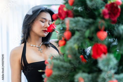 Obraz na płótnie valentine's day, Portrait beautiful asian people woman fashion model in summer Black dress and coffee in cup holding bouquet of red roses in the living room inside or cafe w salonie