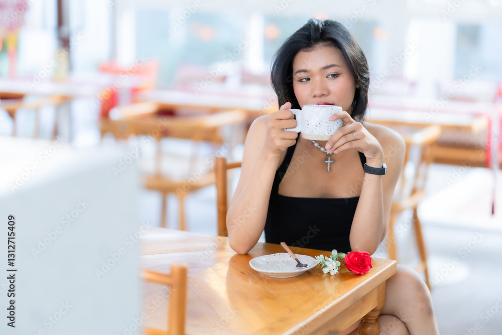 valentine's day, Portrait beautiful asian people woman fashion model in summer Black dress and coffee in cup holding bouquet of red roses in the living room inside or cafe