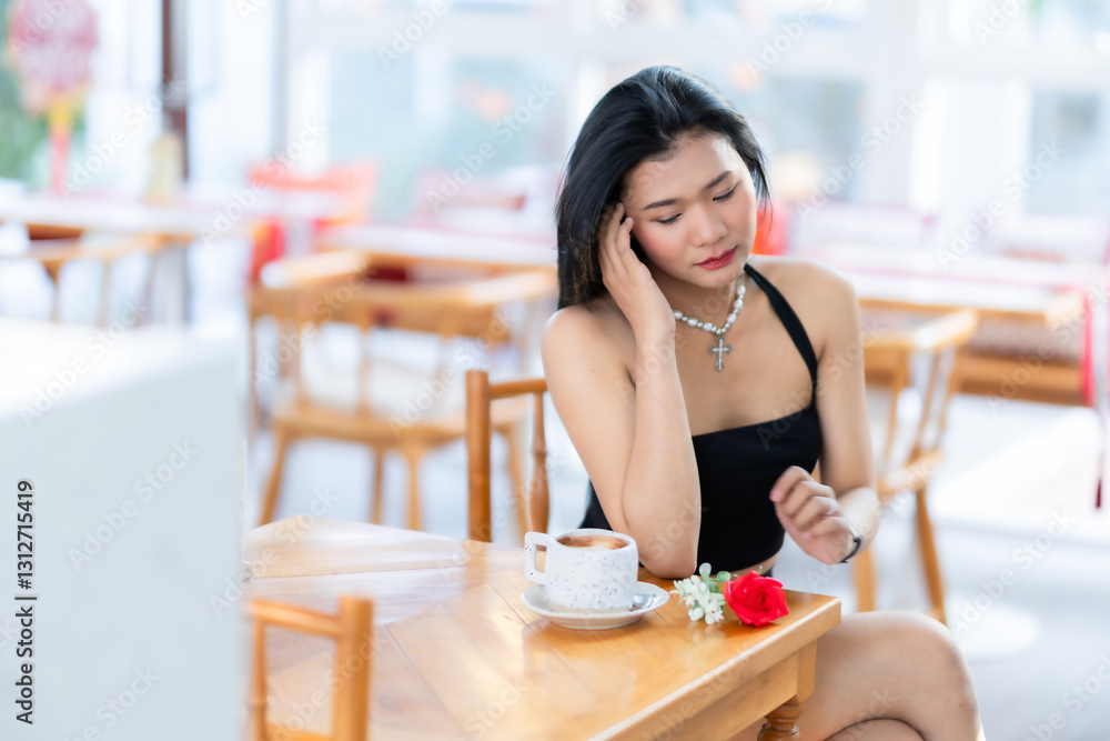 valentine's day, Portrait beautiful asian people woman fashion model in summer Black dress and coffee in cup holding bouquet of red roses in the living room inside or cafe