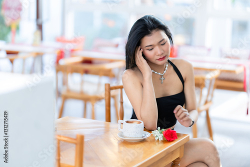 Obraz na płótnie valentine's day, Portrait beautiful asian people woman fashion model in summer Black dress and coffee in cup holding bouquet of red roses in the living room inside or cafe w salonie