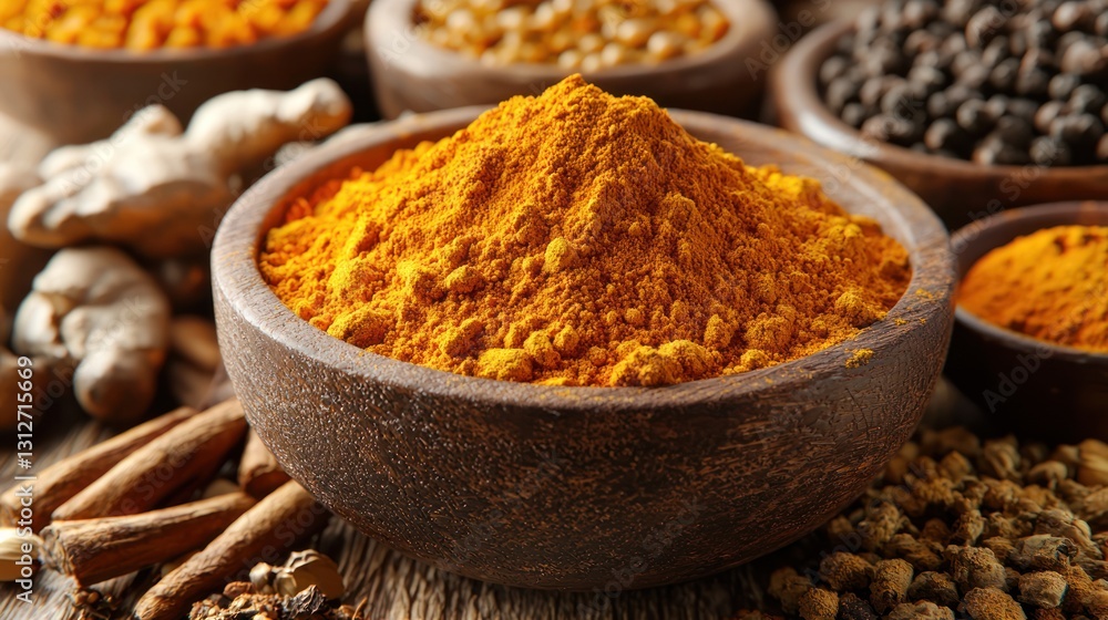 Turmeric powder in a bowl with other spices on a wooden table. Possible use Stock photography for culinary websites or food blogs Turmeric powder in a bowl with other spices on a wooden table. Possible use Stock photography for culinary websites or food blogs