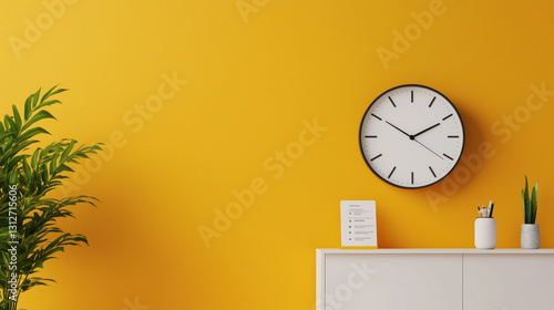 Sleek Wall Clock and Employee Time Card Displaying Attendance Information on a Vibrant Orange Background – Clean and Professional Design for Banners with Text Space