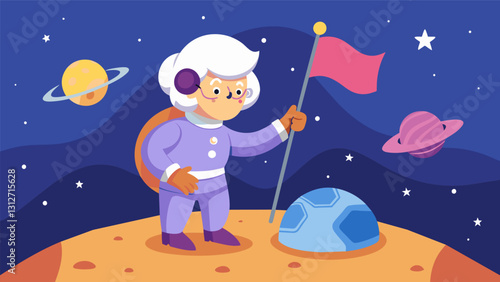 An elderly woman in a spacesuit planting a flag on a new planet a dream she never thought she would achieve in her golden years.. Vector illustration