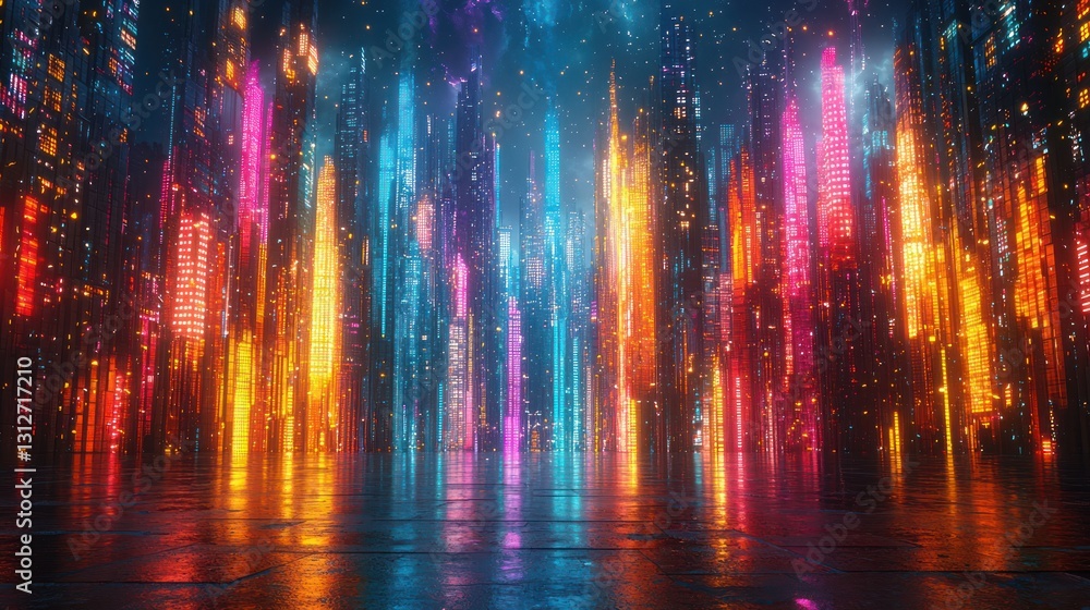 Fototapeta premium Neon city, futuristic skyscrapers, vibrant lights, empty space, background for presentation, possible use for advertising