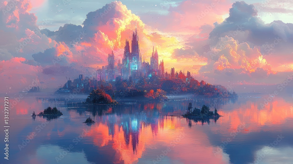 Obraz premium Fantasy island city sunset reflection landscape