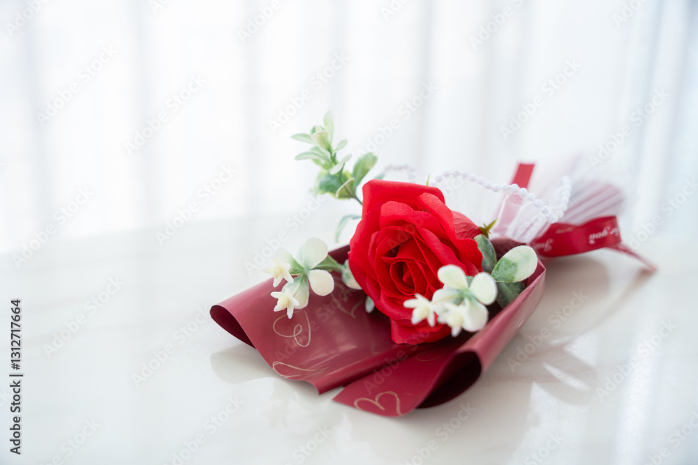 Valentine's day concept, bouquet of red and pink roses Put on the table food lunch In a restaurant background