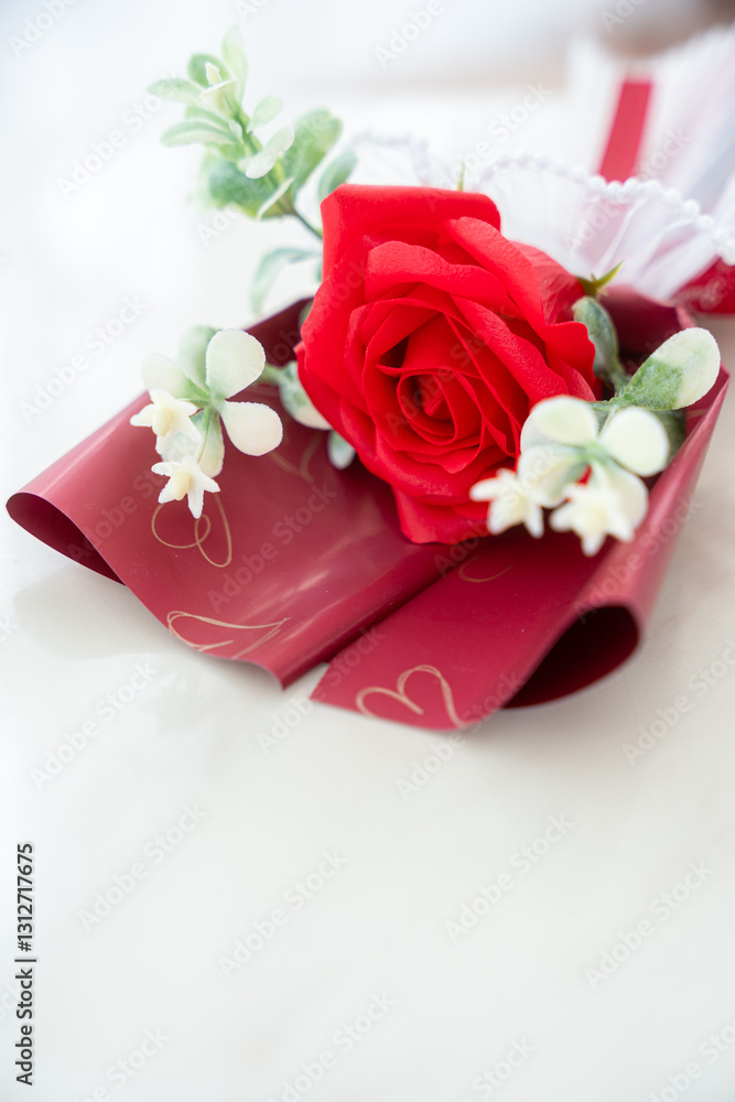 Valentine's day concept, bouquet of red and pink roses Put on the table food lunch In a restaurant background