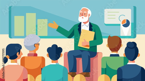 An illustration of a senior leading a presentation to a room full of peers teaching them how to navigate the social security system.. Vector illustration