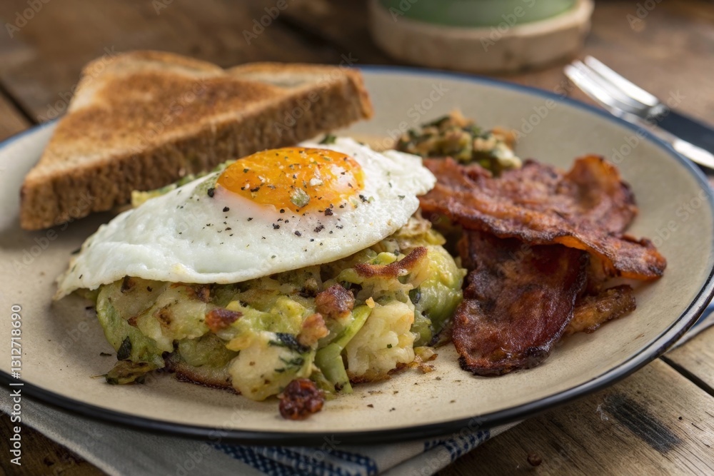 A delicious breakfast plate featuring a sunny-side-up egg, crispy bacon, a hash, and toasted bread. A delicious breakfast plate featuring a sunny-side-up egg, crispy bacon, a hash, and toasted bread.