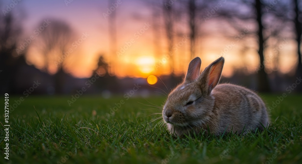 Fototapeta premium Sunset Bunny in Grassy Park - Peaceful bunny resting in a park at sunset, symbolizing tranquility, nature, Easter, springtime, and peace