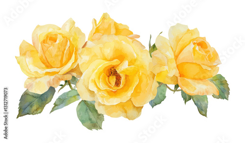Watercolor Illustration of Lush Yellow Roses with Green Leaves