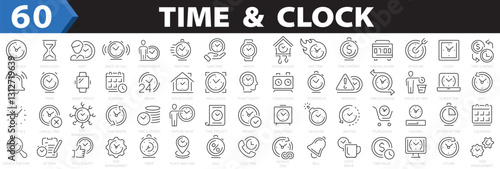 Time icon set. Time and Clock icons. Timer, alarm, schedule, hourglass, clock icon collection. Outline icons collection. Vector illustration