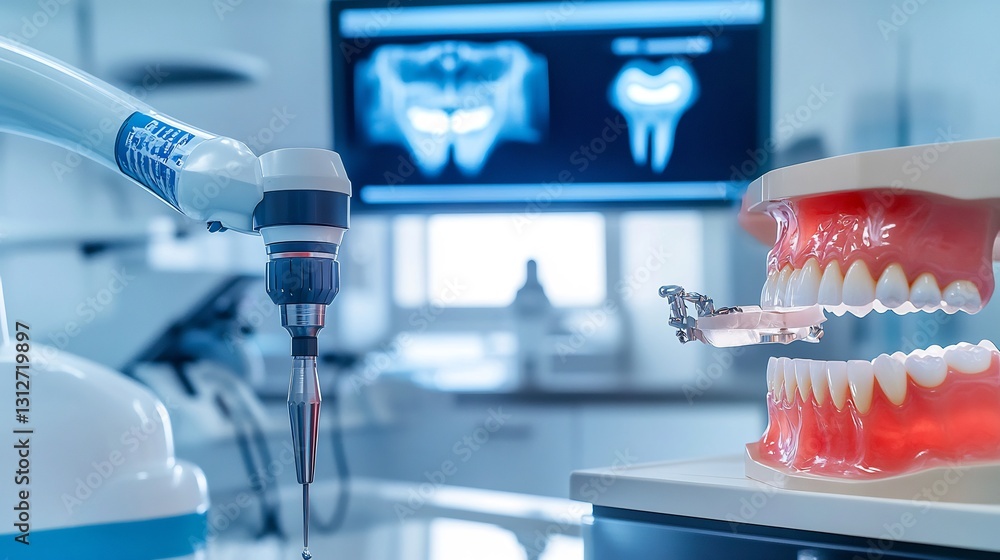Futuristic dental clinic with robotic tools for implantation a closeup of a high tech drill treating decay and a technician crafting a denture in a state of the art lab Futuristic dental clinic with robotic tools for implantation a closeup of a high tech drill treating decay and a technician crafting a denture in a state of the art lab