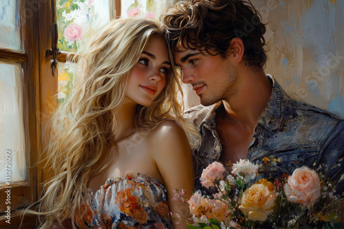 A painting of a man and a woman looking out a window