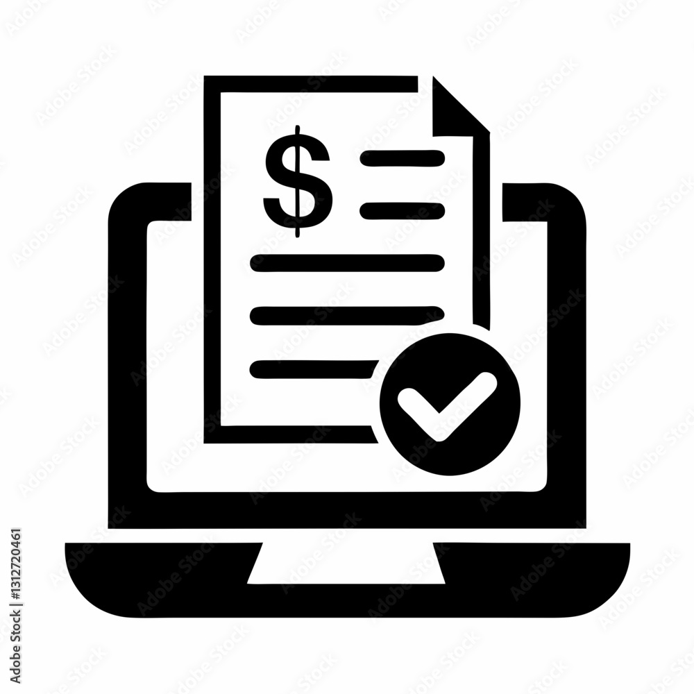 Laptop displays document with dollar sign checkmark indicating completed payment. Clean black and white illustration of digital billing Concept accounting software billing services payment processor