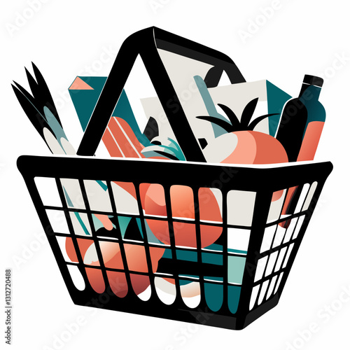 Minimalist illustration of shopping basket overflowing with groceries. Black and orange design shows variety of food items including vegetables and packaged goods.Concept grocery shopping, food retail