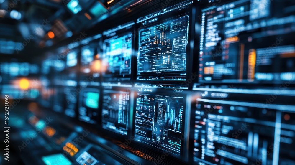 Futuristic Tech Control Room: Digital Data Streams and Interfaces Futuristic Tech Control Room: Digital Data Streams and Interfaces