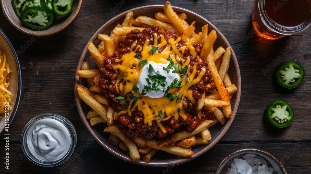 Chili Cheese Fries A top view of crispy fries with spicy chili and melted cheese, accompanied by jalapeos, sour cream, and a refreshing iced tea. Chili Cheese Fries A top view of crispy fries with spicy chili and melted cheese, accompanied by jalapeos, sour cream, and a refreshing iced tea.