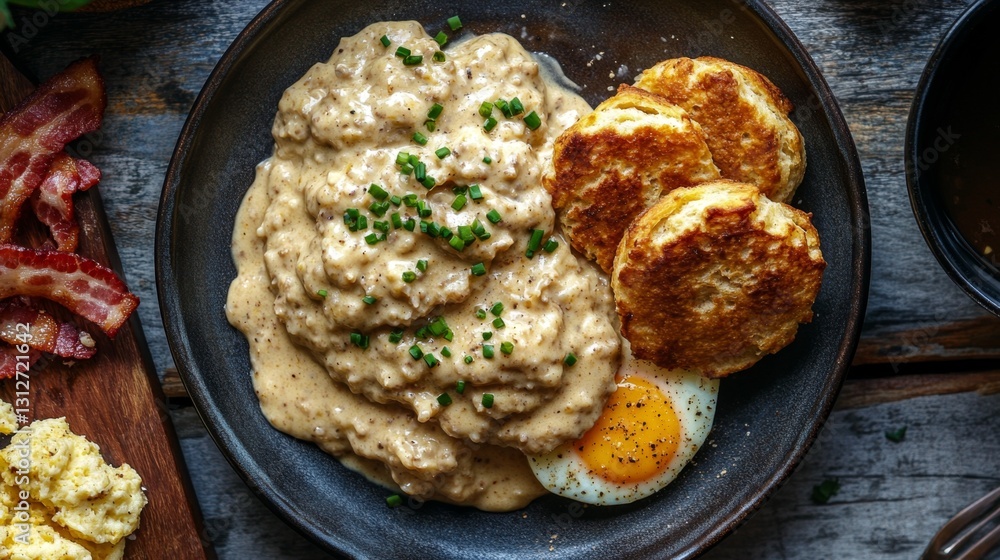 Southern Biscuits Gravy A cozy overhead shot of flaky biscuits with sausage gravy, scrambled eggs, and crispy bacon on the side. Southern Biscuits Gravy A cozy overhead shot of flaky biscuits with sausage gravy, scrambled eggs, and crispy bacon on the side.