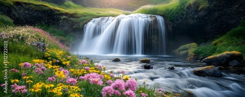 A beautiful waterfall surrounded by colorful wildflowers