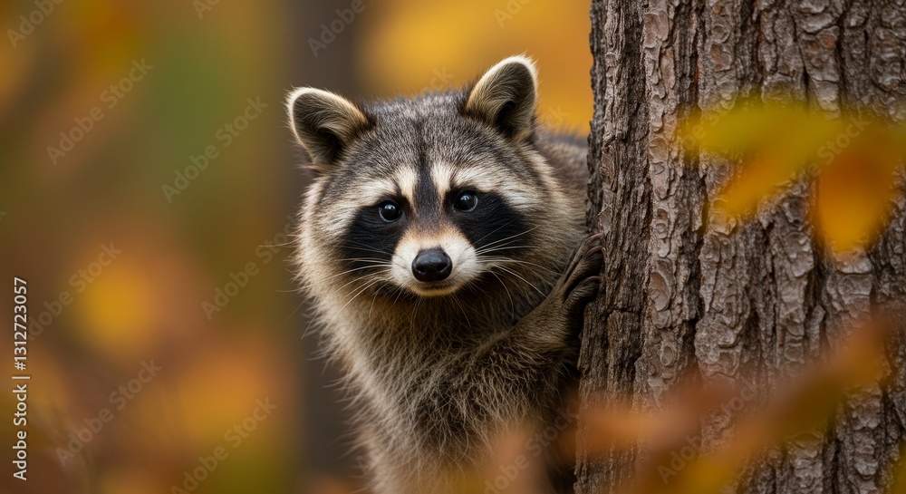 Autumn Raccoon Portrait: A Curious Glance - A curious raccoon peeks from behind a tree, autumn leaves and sunlight creating a warm, inviting atmosphere. Symbolizing nature, curiosity, autumn Autumn Raccoon Portrait: A Curious Glance - A curious raccoon peeks from behind a tree, autumn leaves and sunlight creating a warm, inviting atmosphere. Symbolizing nature, curiosity, autumn