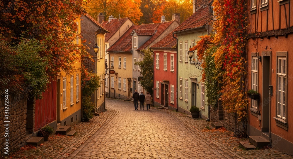 Fototapeta premium Autumnal Cobblestone Street Scene - Charming autumnal street scene with colorful buildings, falling leaves, and people strolling. Perfect for travel, seasonal, or fall-themed projects