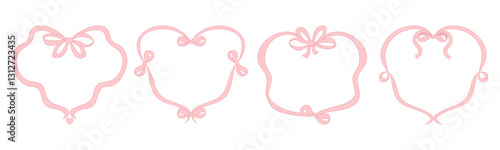 Vintage Coquette Frame with Pink Bows and Ribbons Set. Romantic Girly Vibe. Vector illustration. Isolated Trendy aesthetic Border Template for wedding, birthday, card, party invitations