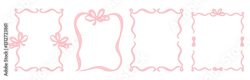 Vintage Frame with Pink Bows and Ribbons Set. Romantic Coquette Girly Vibe. Vector illustration. Isolated Trendy aesthetic Border vertical Template for wedding, birthday, card, party invitations