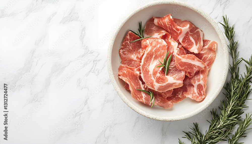 Slices of raw bacon and rosemary in bowl on white tiled table, top view Slices of raw bacon and rosemary in bowl on white tiled table, top view