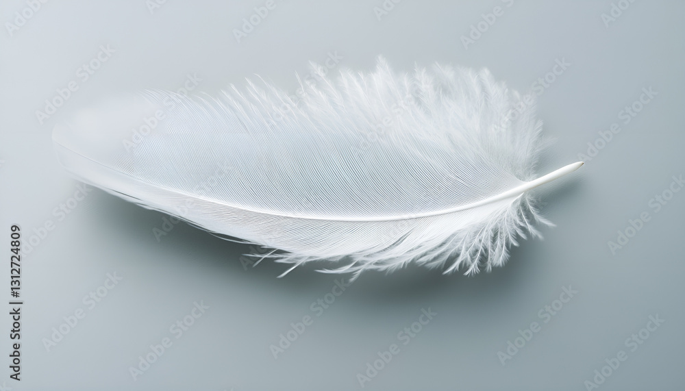 Obraz premium One white feather on a light gray background, close-up