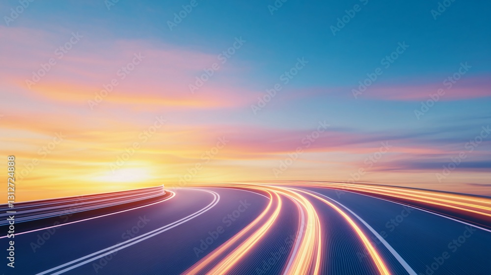 A Curved Road with Light Trails and Beautiful Evening Sky A Curved Road with Light Trails and Beautiful Evening Sky