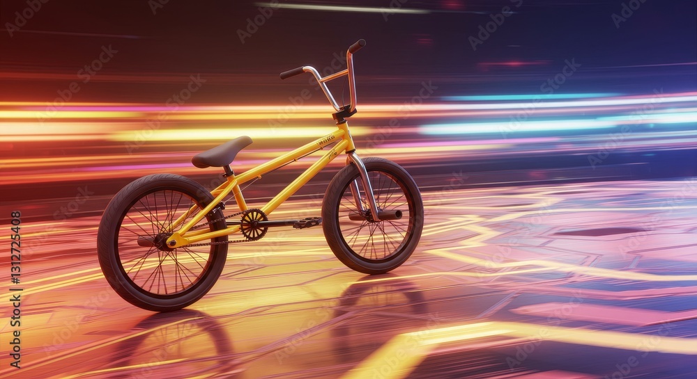 Fototapeta premium BMX Bike Speed Blurred Lights Surface - A vibrant yellow BMX bike on a surface with blurred lights, symbolizing speed, energy, freedom, technology, and urban lifestyle