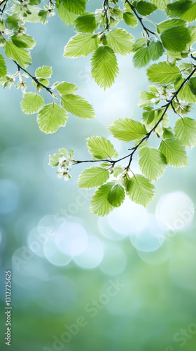 Sunlight filters through fresh green leaves growing on branches in spring, creating a serene and vibrant natural scene
