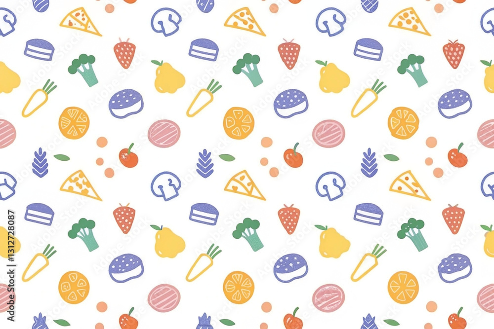 Fototapeta premium Colorful seamless pattern with various food icons.