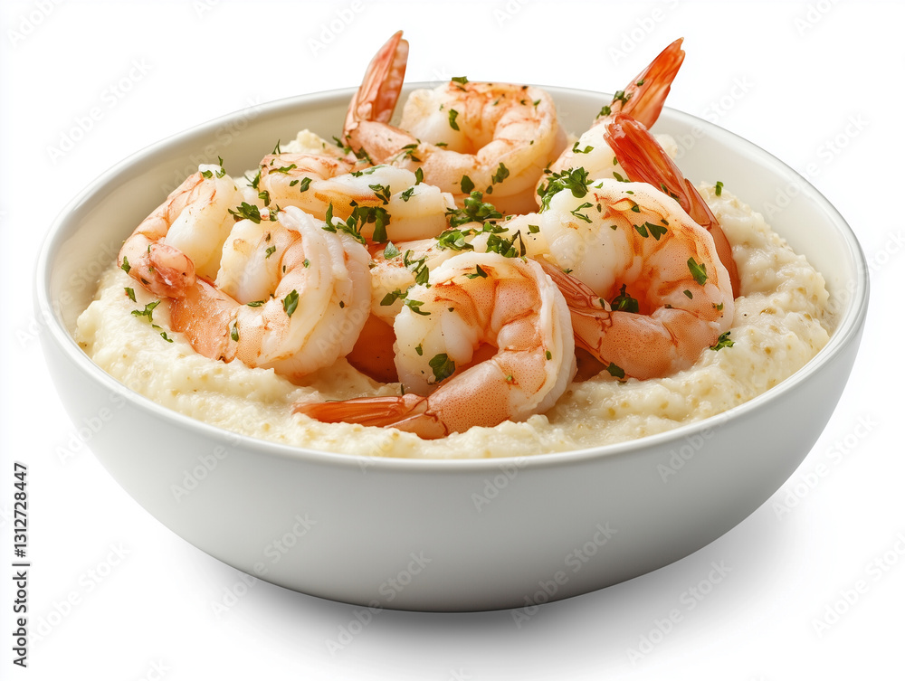Realistic view of Shrimp and grits, white background, photorealistic food Realistic view of Shrimp and grits, white background, photorealistic food