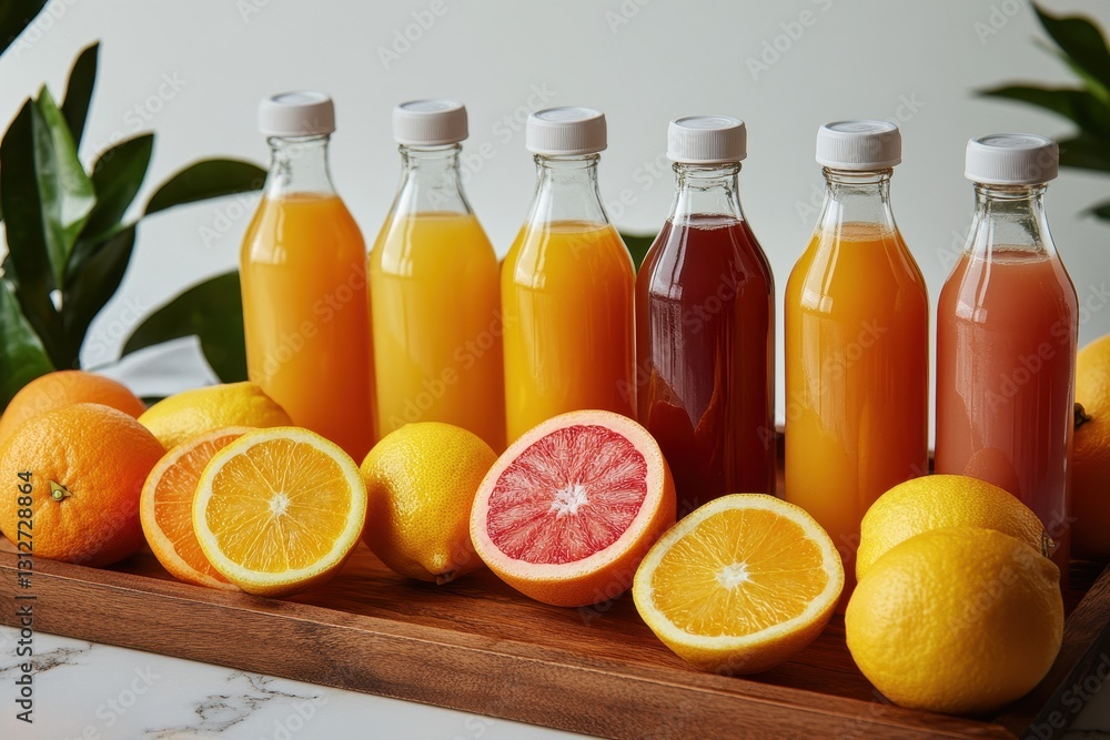 Delightful citrus juices arranged beautifully with fresh fruits on a rustic wooden tray. Generative AI Delightful citrus juices arranged beautifully with fresh fruits on a rustic wooden tray. Generative AI