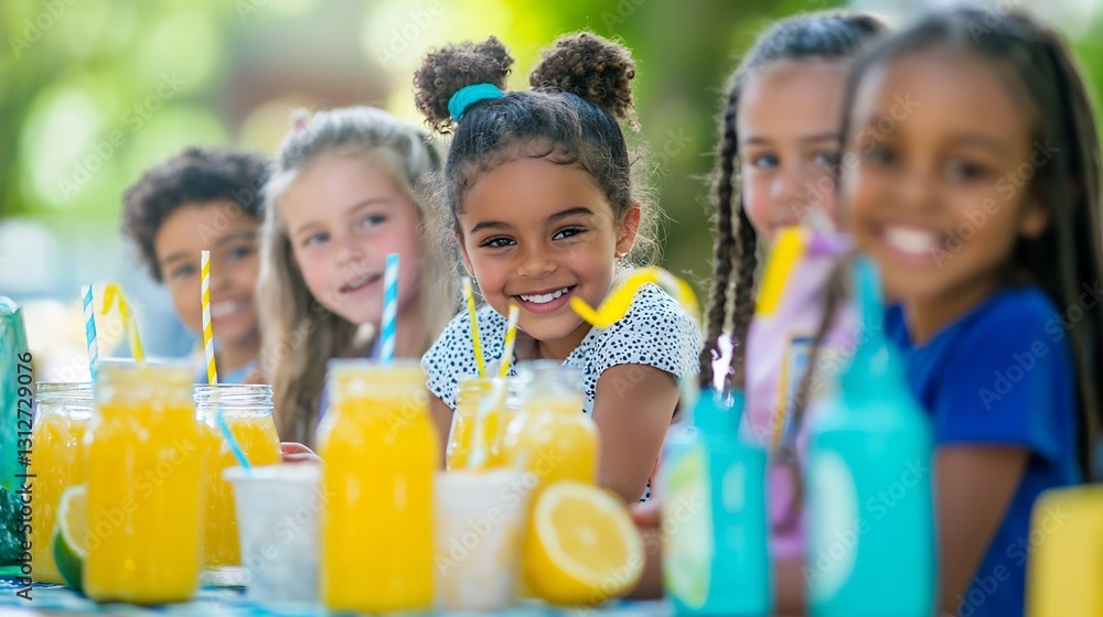 Group of children running a lemonade stand teamwork learning basic entrepreneurship skills Group of children running a lemonade stand teamwork learning basic entrepreneurship skills