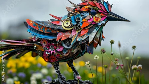 Unique bird sculpture made from upcycled materials.