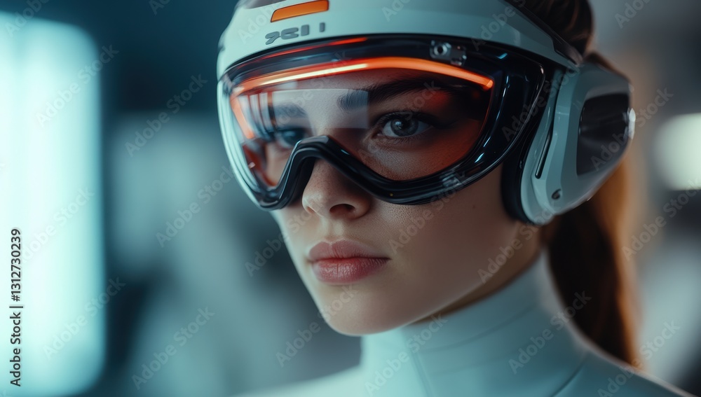 Futuristic woman wearing advanced virtual reality headset in a high tech environment with immersive digital interface reflecting on the visor and sleek design Futuristic woman wearing advanced virtual reality headset in a high tech environment with immersive digital interface reflecting on the visor and sleek design
