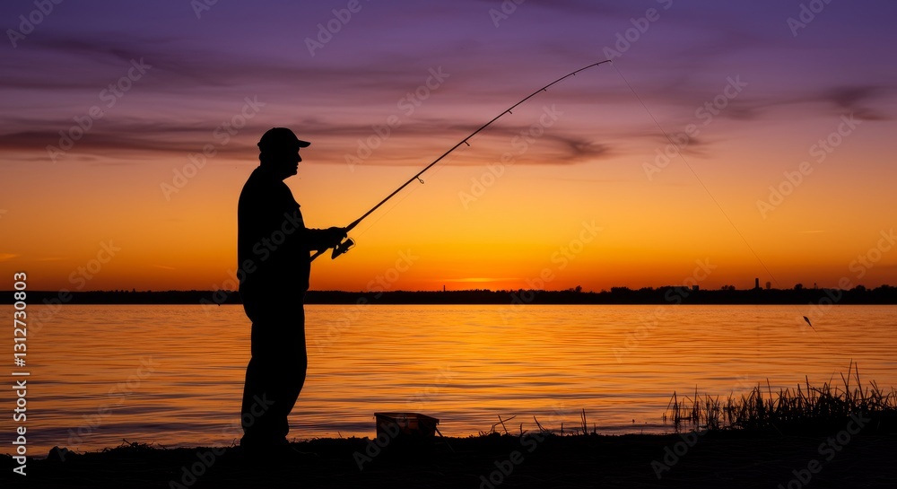 Fisherman at Sunset Silhouette - Silhouette of a person fishing at sunset over calm water. Peaceful, serene, and tranquil scene Fisherman at Sunset Silhouette - Silhouette of a person fishing at sunset over calm water. Peaceful, serene, and tranquil scene