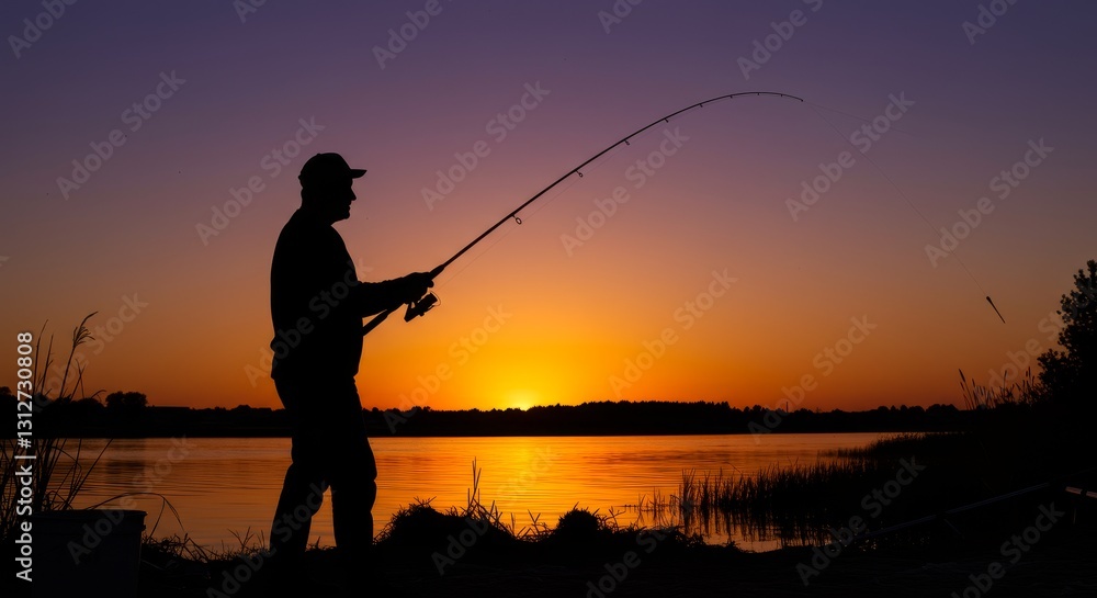 Fisherman at Sunset - Silhouette of a man fishing at sunset on a calm lake. Peaceful and serene scene Fisherman at Sunset - Silhouette of a man fishing at sunset on a calm lake. Peaceful and serene scene