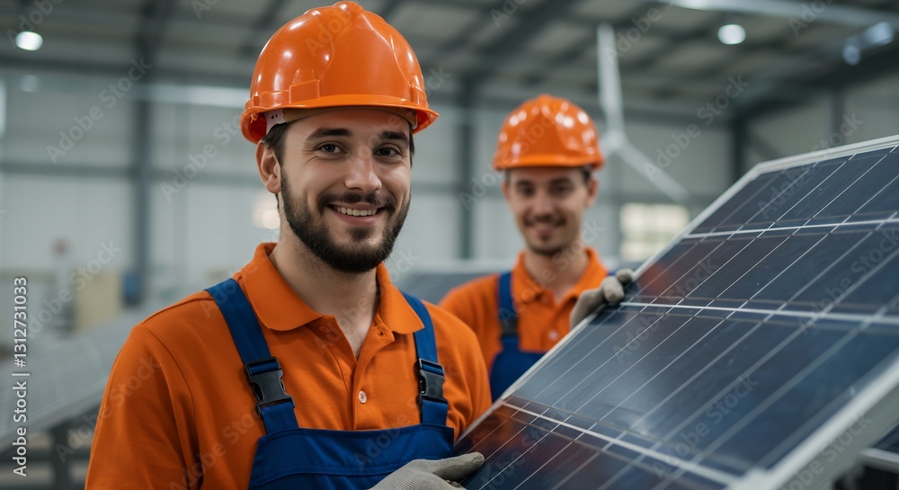 Two smiling engineers holding a solar panel in a factory Two smiling engineers holding a solar panel in a factory